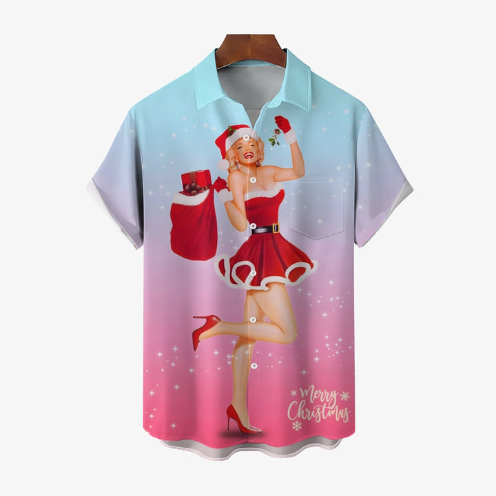 Merry Christmas Girl Gradient Print Casual Short Sleeve Shirt 2411008150