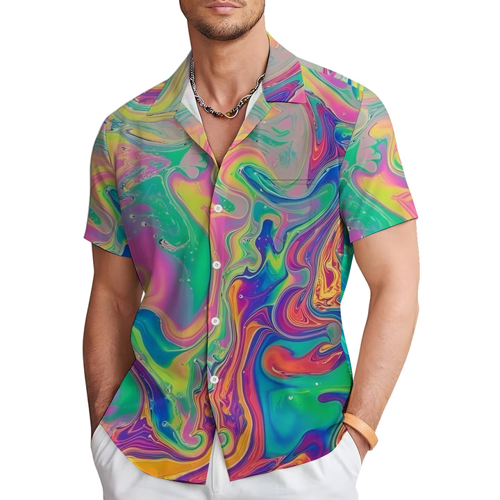 Colorful Fluid Art Print Casual Short Sleeve Shirt 2404001899