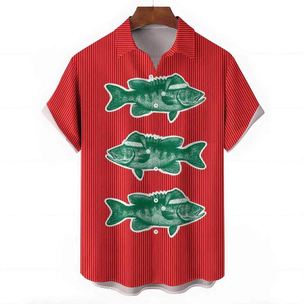 Striped Christmas Fish Print Casual Short Sleeve Shirt 2412006800