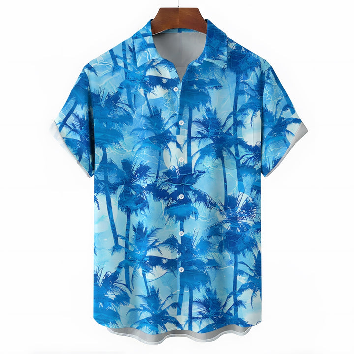 Vacation Palm Tree Print Hawaiian Casual Short Sleeve Shirt 2404000883