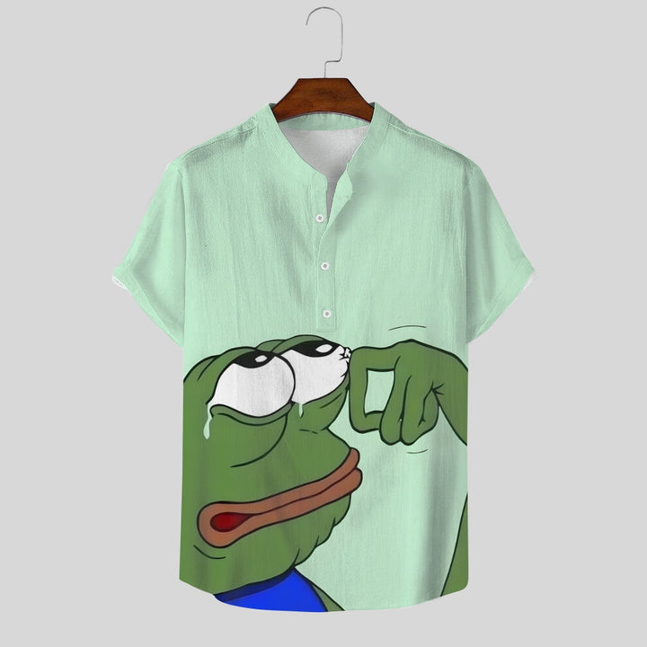 Cry Sad Frog Fun Printed Cotton and Linen Short Sleeve Shirt 2405001036
