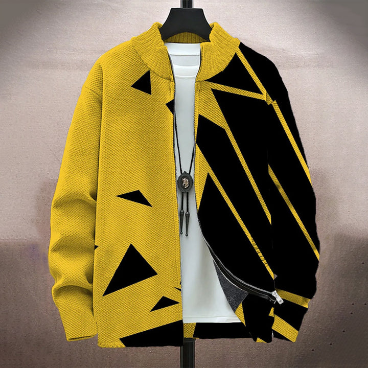 Men's Yellow Geometry Print Long-Sleeved Zip Cardigan Jacket