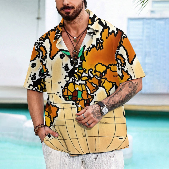 World Map Art Print Casual Short Sleeve Shirt 2409004531