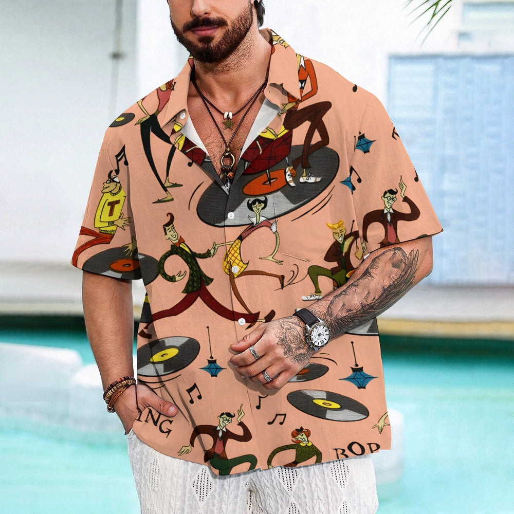 Music Vinyl Record Cartoon Linen Short-Sleeved Shirt 2409010076