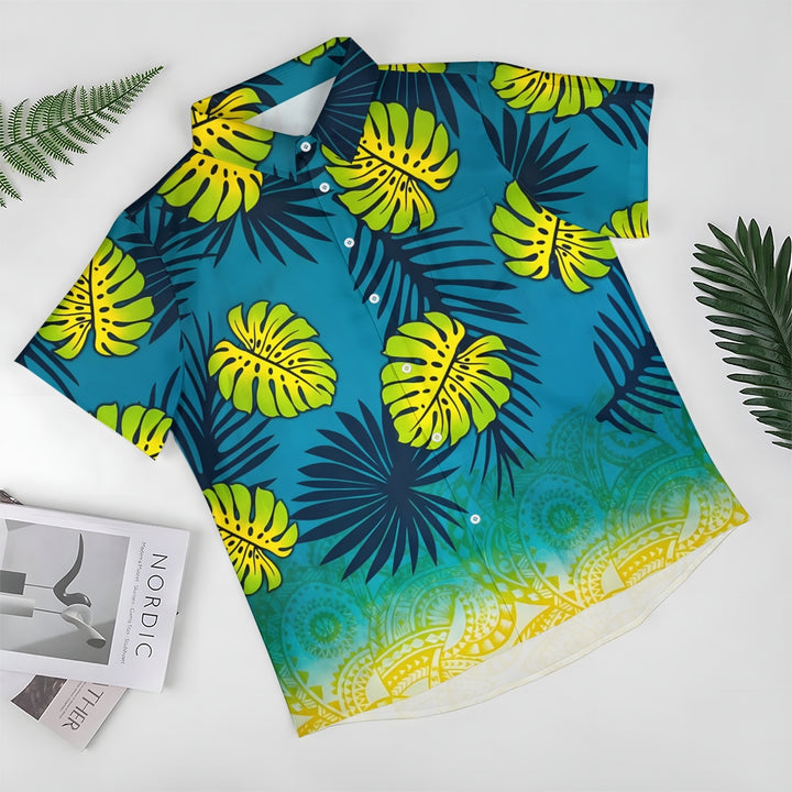 Abstract Geometric Gradient Coconut Tree Print Short Sleeve Shirt 2412006315