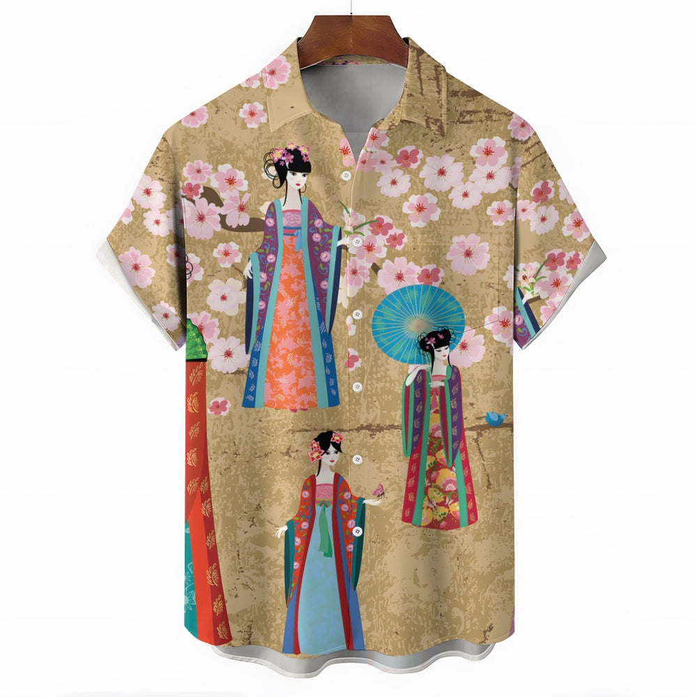 Retro Chinese Style Girl Print Casual Short Sleeve Shirt 2404000877