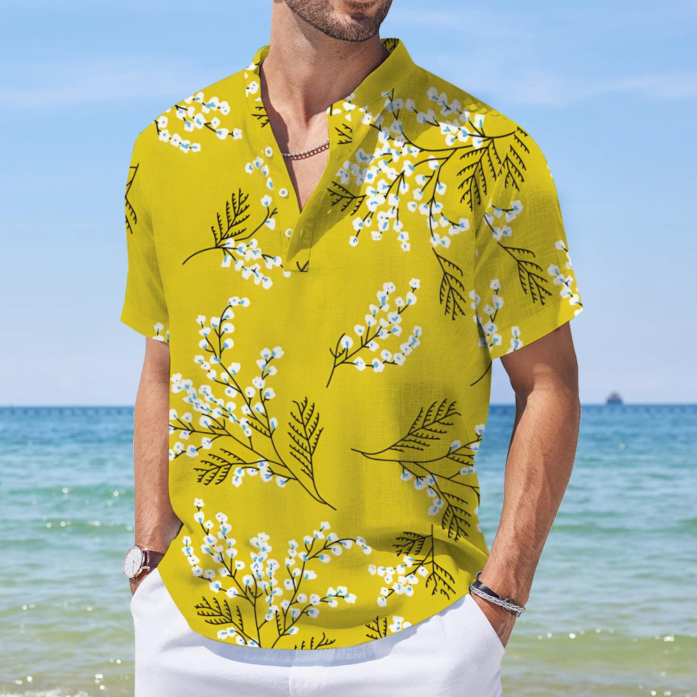 Casual Yellow Printed Stand-Up Collar Short-Sleeved Shirt 2408007146