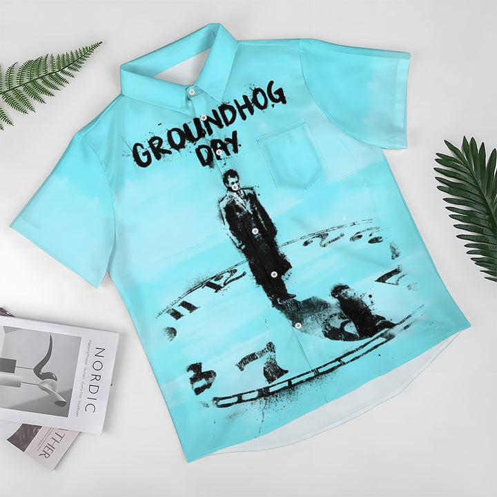 Groundhog Day Clock Print Casual Short Sleeve Shirt 2412003928