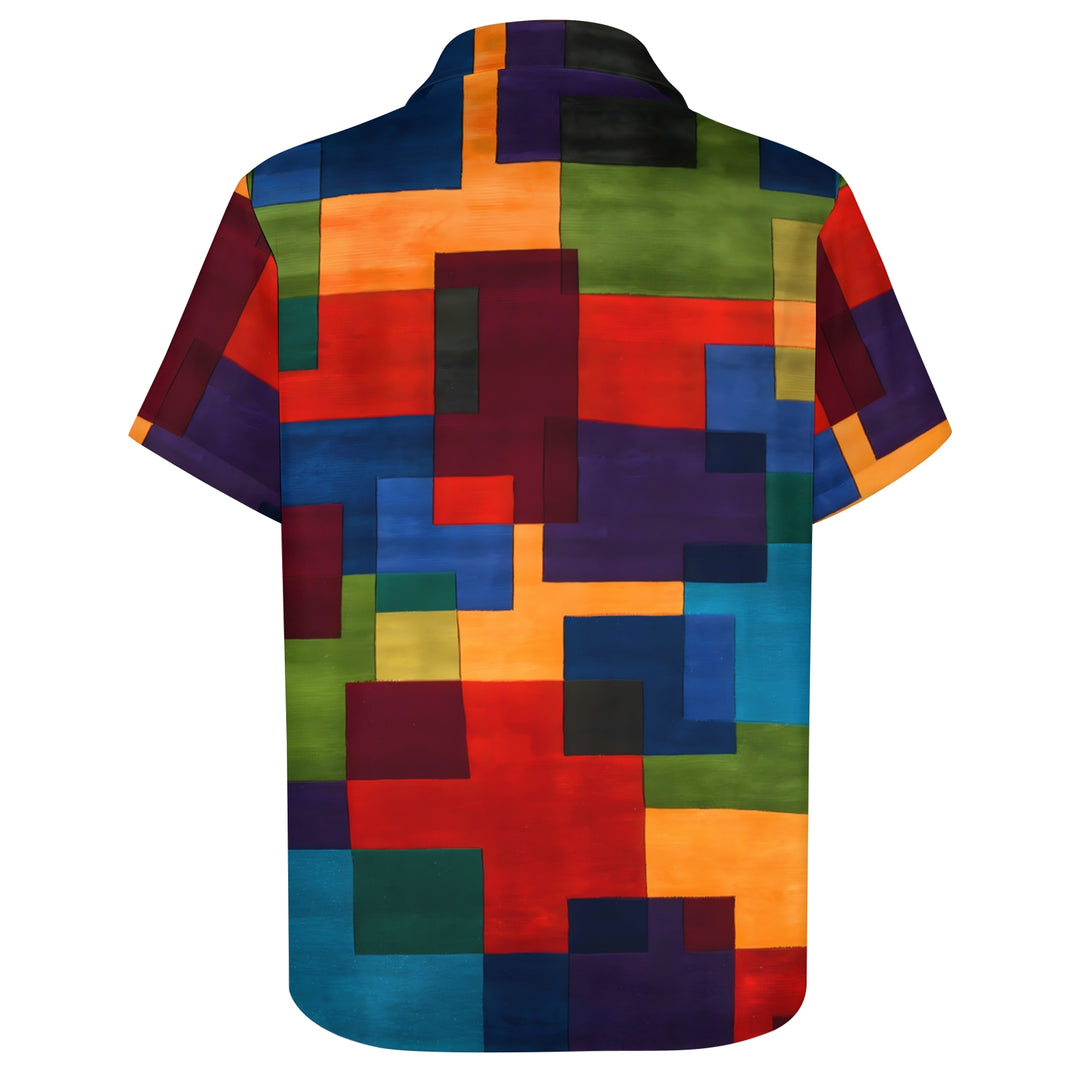 Men's Retro Geometric Print Button Pocket Short Sleeve Shirt 2403000741