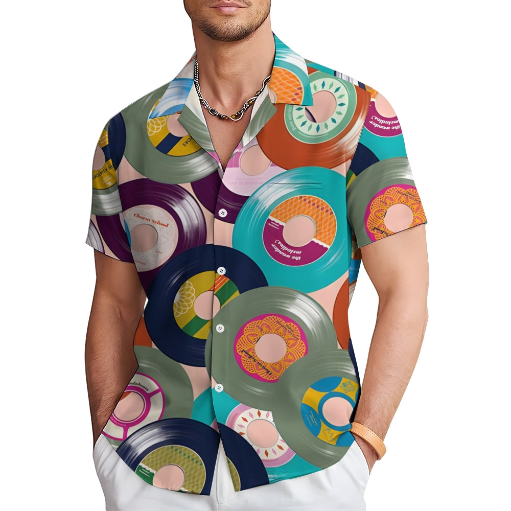 Men's Music Vinyl Record Linen Short Sleeve Shirt 2409010083