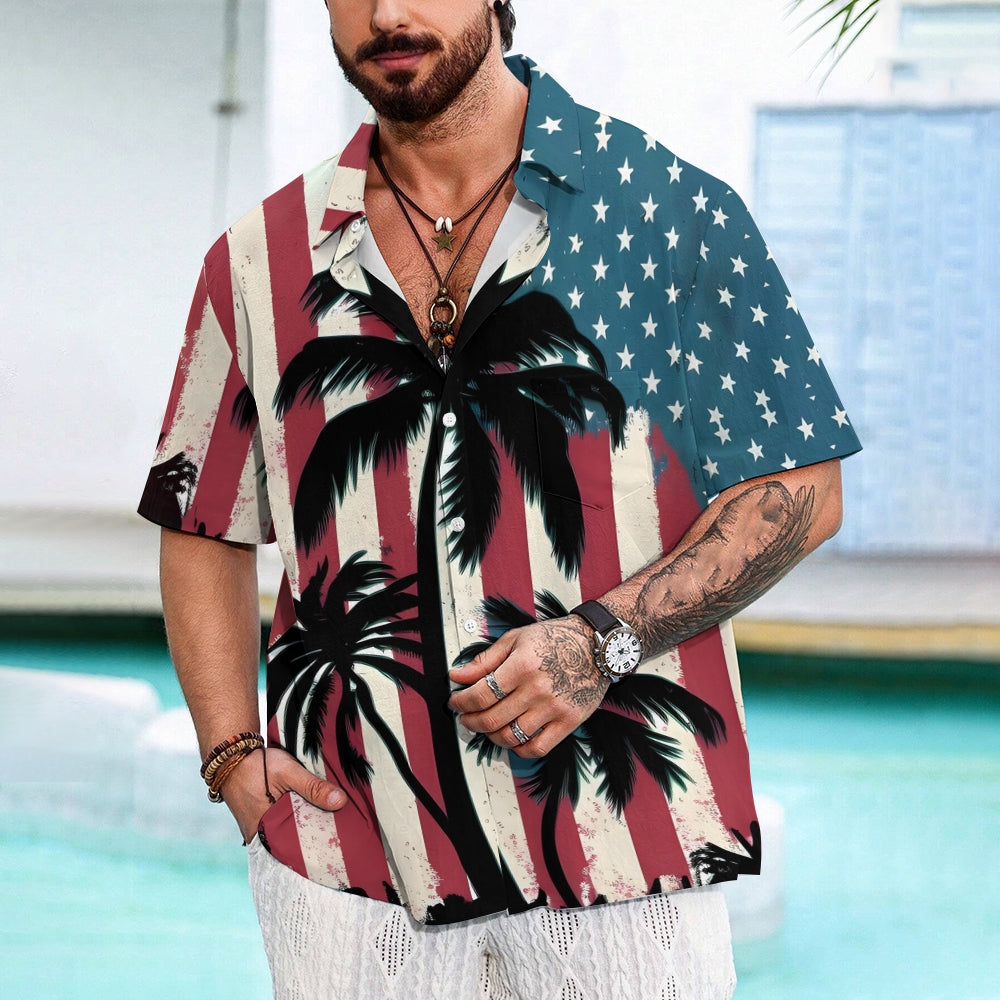 Coconut Tree Stars and Stripes Print Short Sleeve Shirt 2406002111