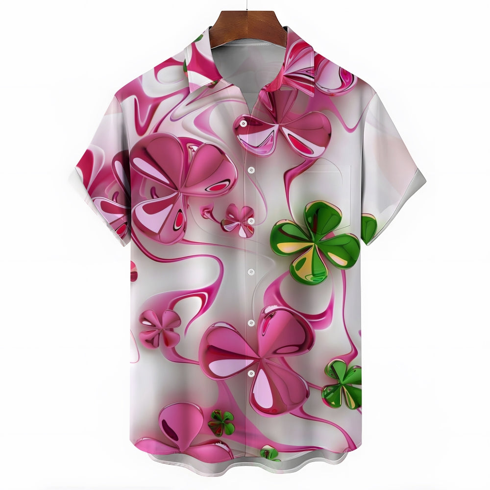 St. Patrick's Day Pink Four-Leaf Clover Short Sleeve Shirt 2412009474