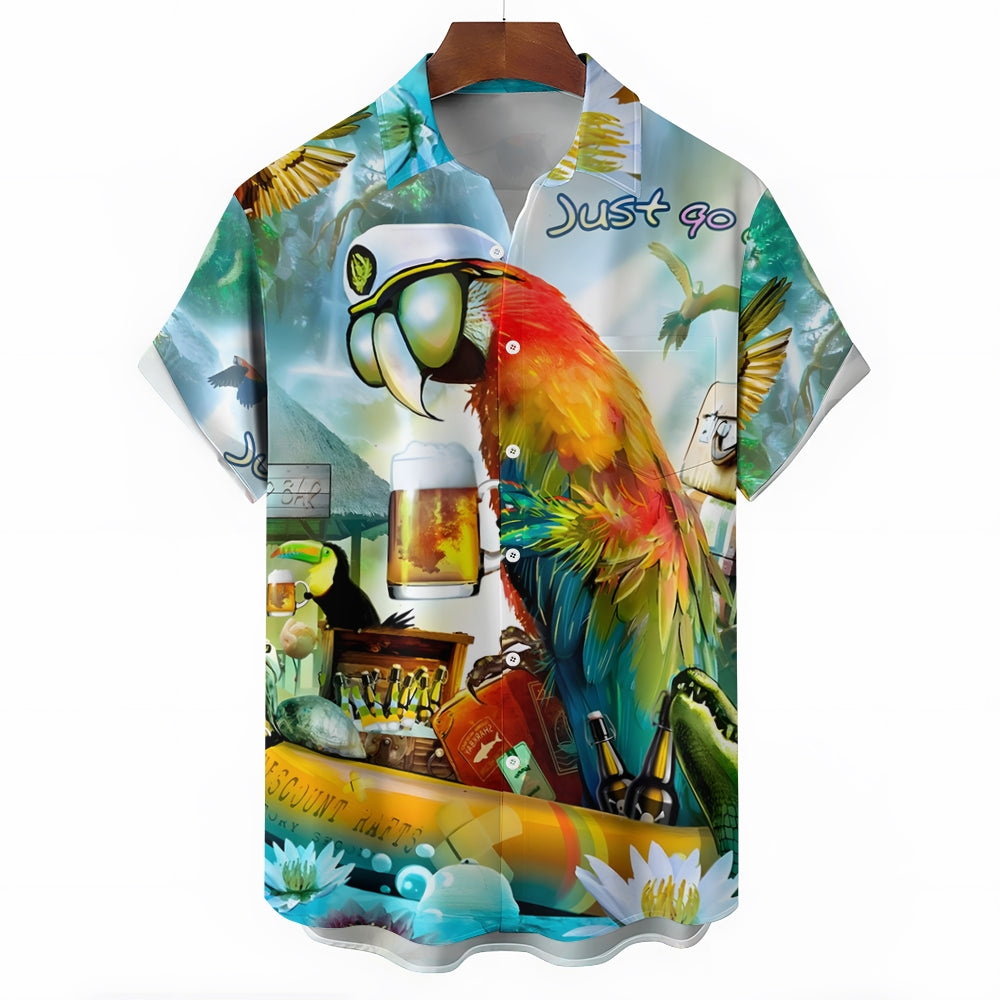 Men's Hawaiian Parrot Beer Print Casual Short Sleeve Shirt 2404001275