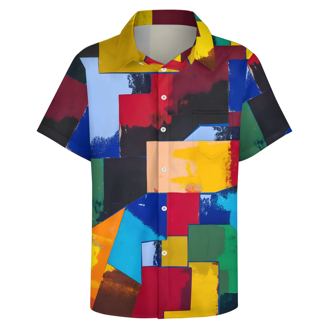 Spliced Color Block Art Print Casual Short Sleeve Shirt 2403000708