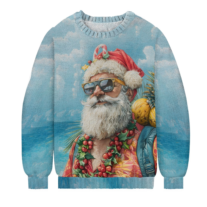 Santa Holiday Christmas Print Casual Knit Crew Neck Sweater 2411010327