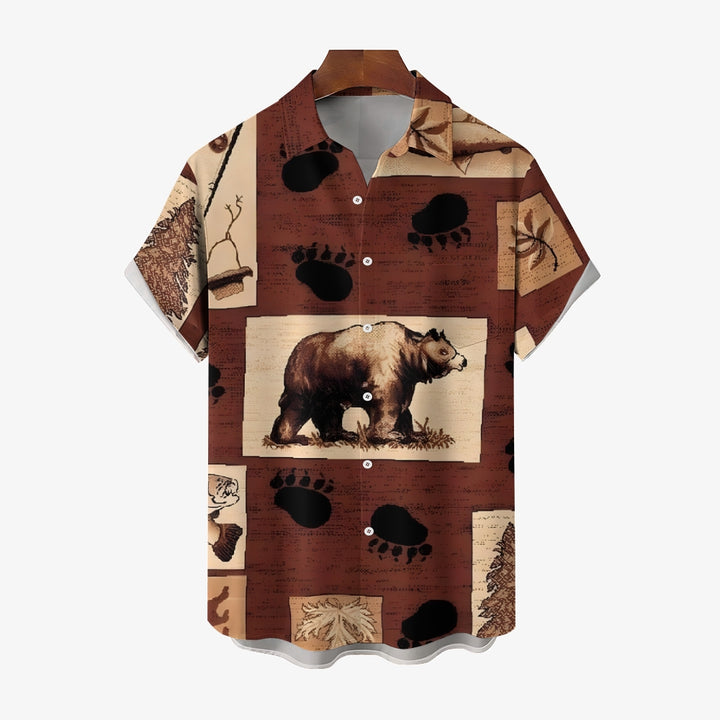 Brown Bear Paw Print Chest Pocket Short Sleeve Shirt 2411001997