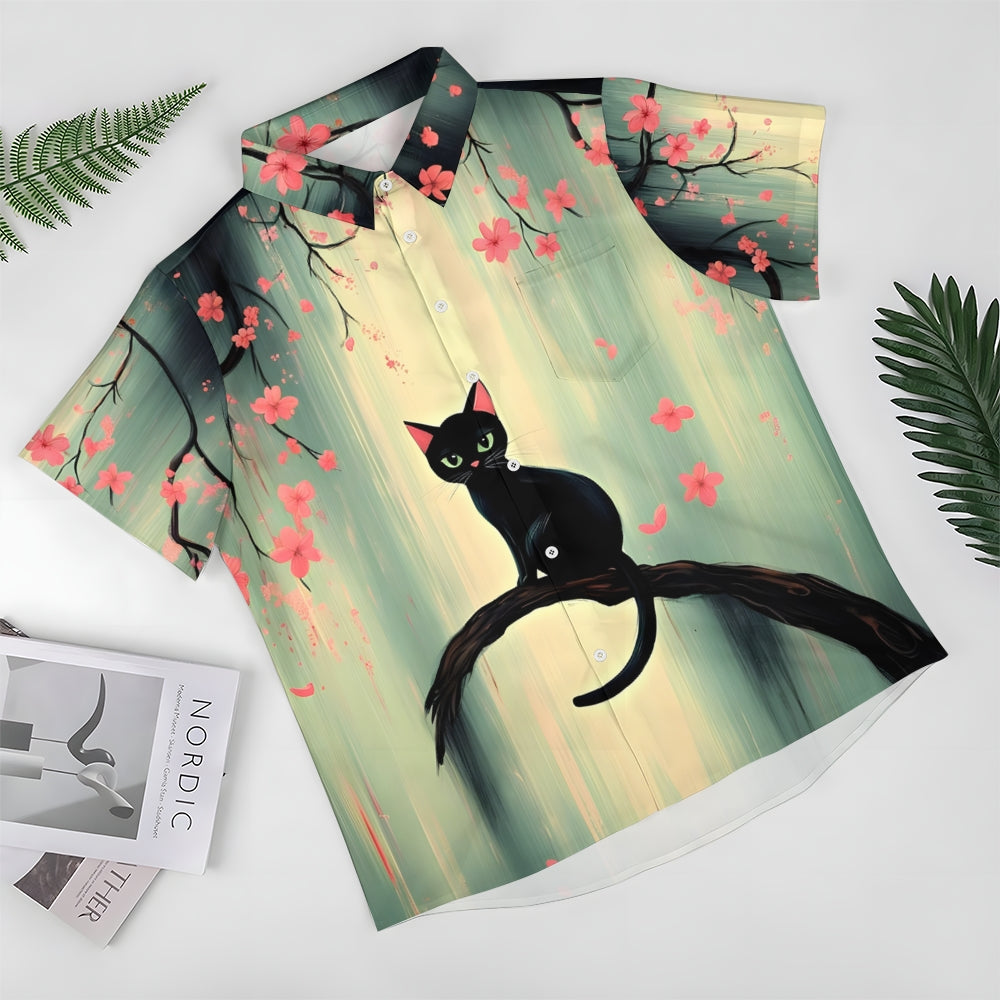 Cat Print Under The Cherry Blossom Tree Casual Shirt 2412008953