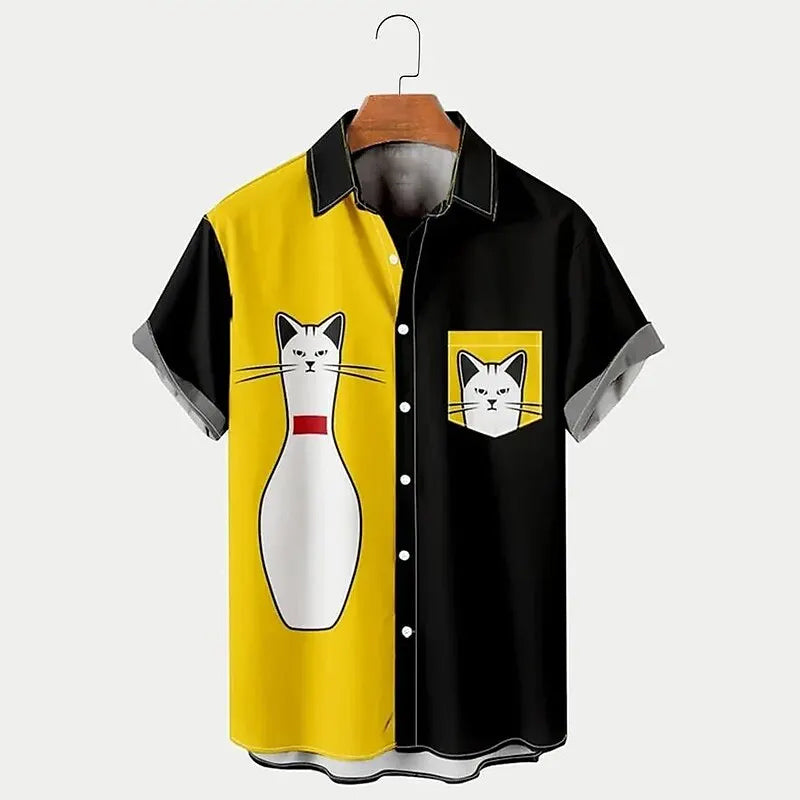 Men's Funny Kitten Bowling Print Short Sleeve Shirt 2409003515