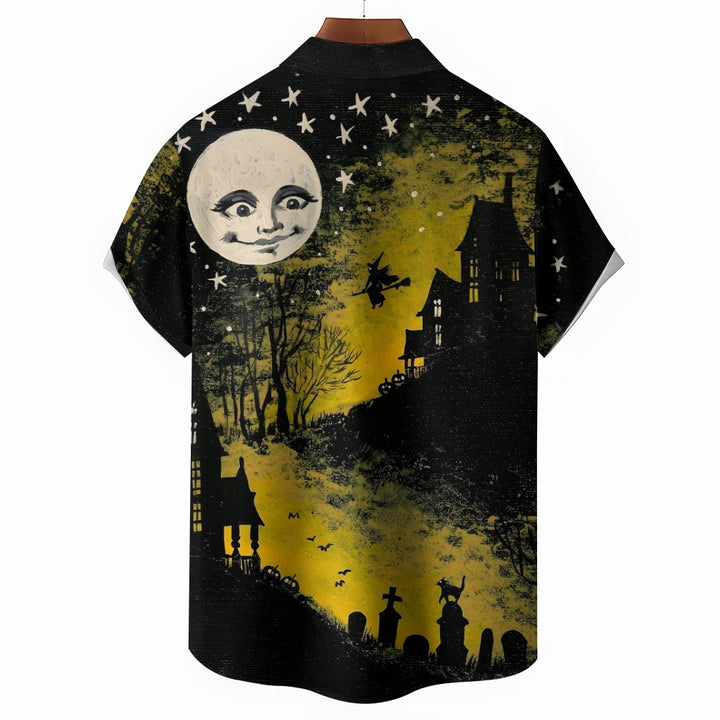 Halloween Castle Witch Print Casual Short Sleeve Shirt 2408002669