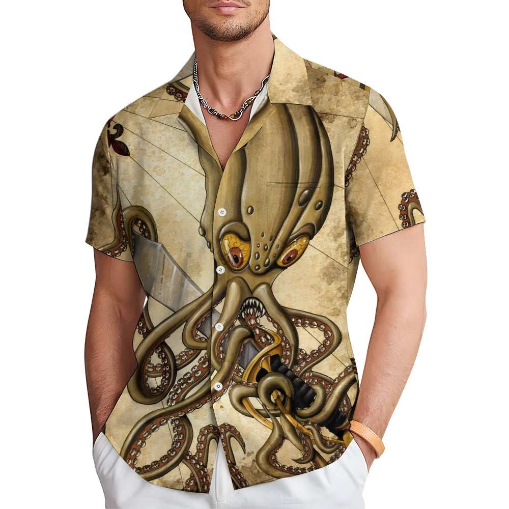 Sea Monster and Knife Print Casual Short Sleeve Shirt 2412005911