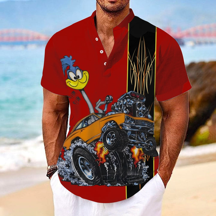 Classic Cartoon Modified Car Printing Stand-Up Collar Half-Lapel Short-Sleeved Shirt