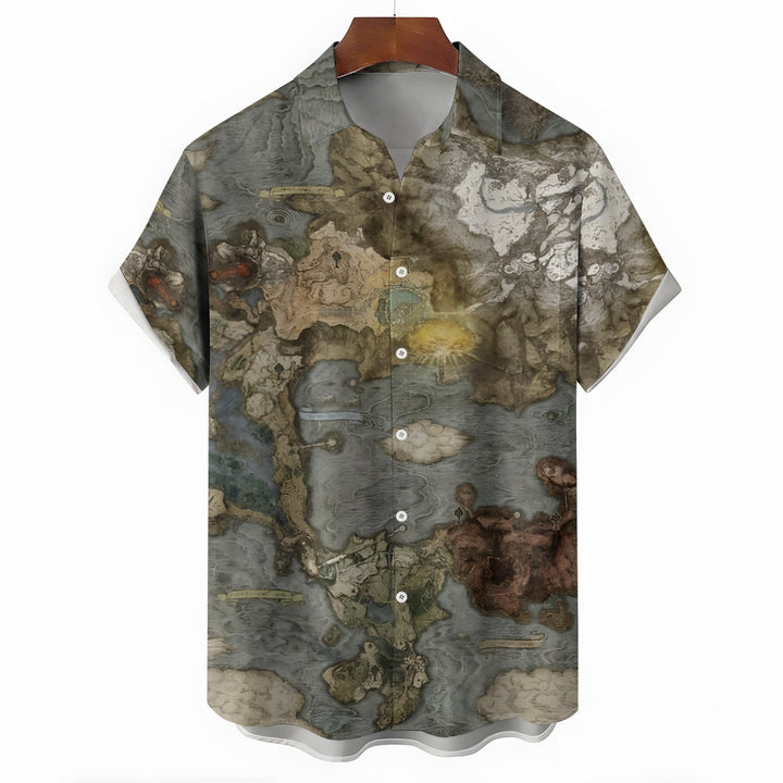 Men's Retro Map Print Casual Short Sleeve Shirt 2404000486