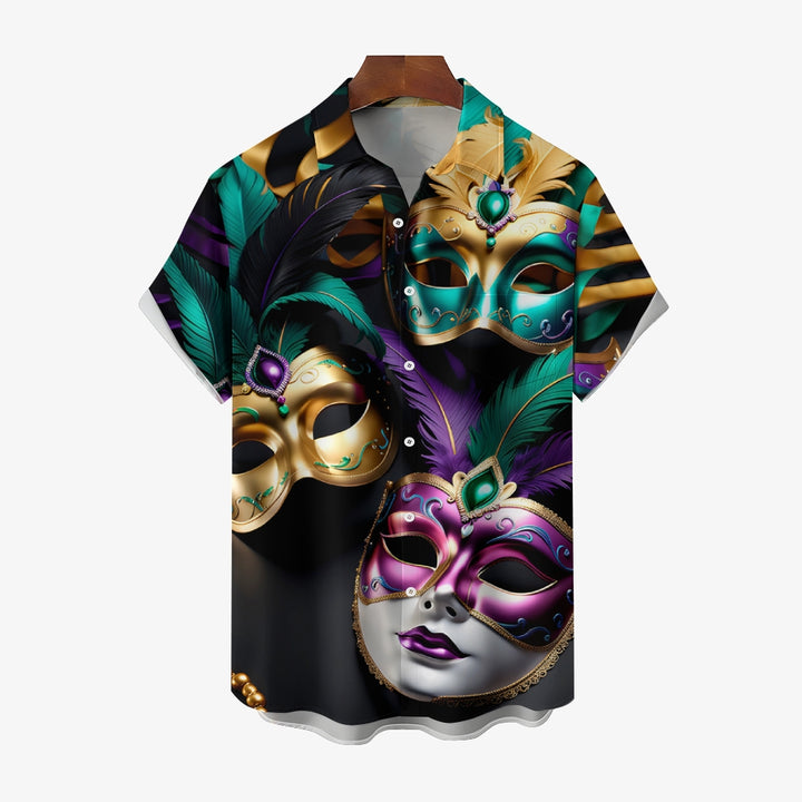 Mardi Gras Carnival Mask Casual Short Sleeve Shirt 2412003201