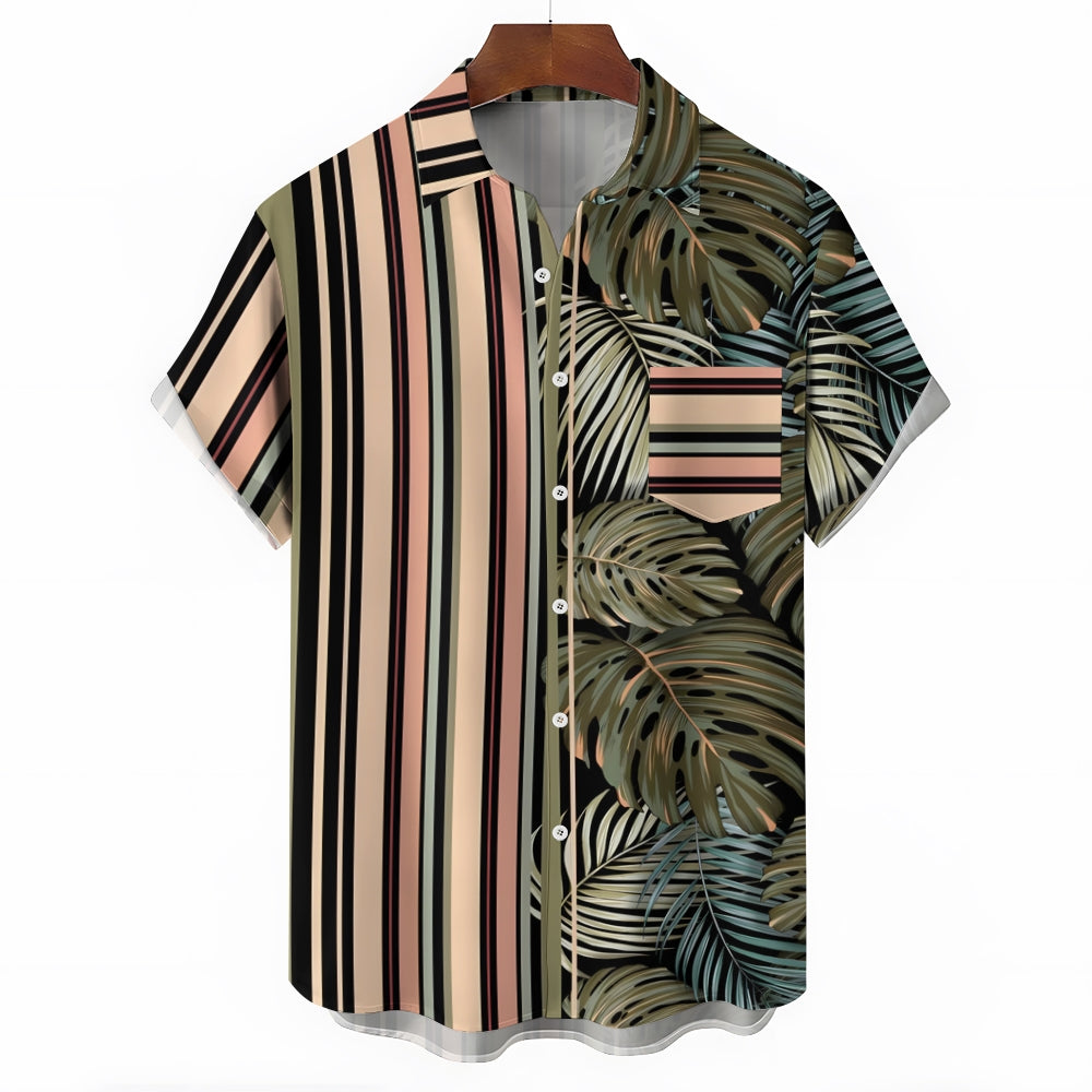 Men's Hawaiian Stripes And Tropical Plant Print Casual Short Sleeve Shirt 2404001394