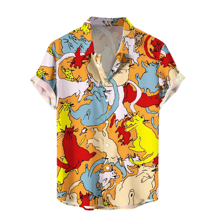 Men's Multicolor Cats Print Beach Short Sleeve Shirt