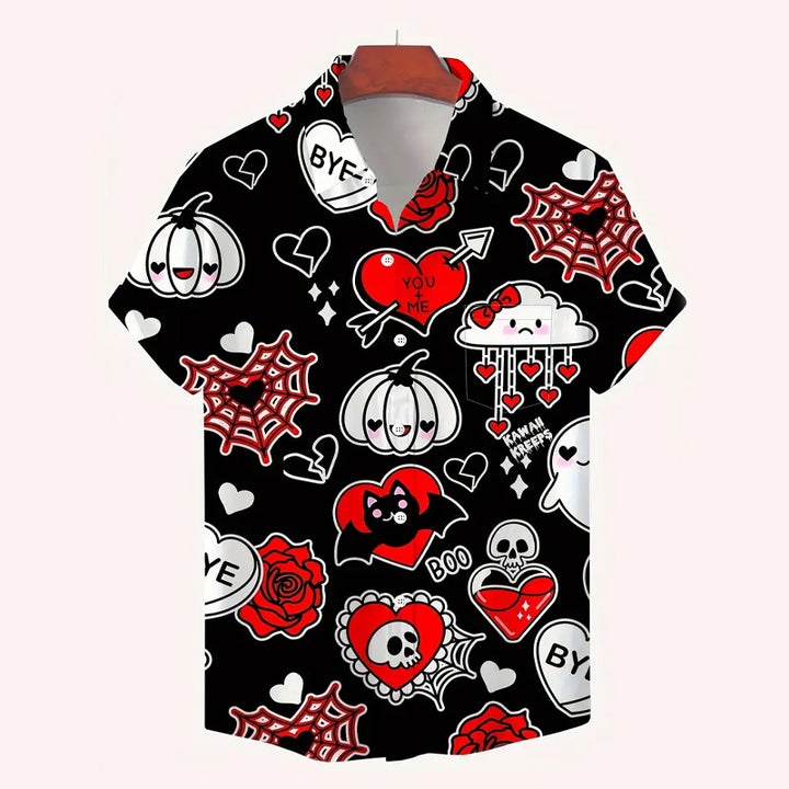 Men's Spider & Skull Print Casual Short Sleeve Shirt