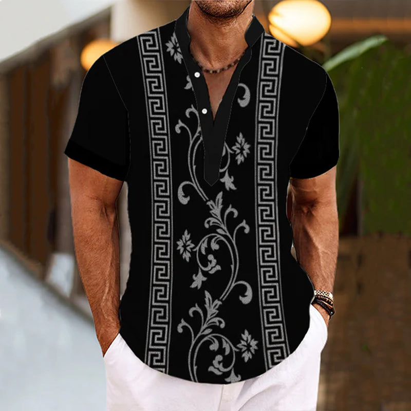 Men's Henley Collar Baroque Printed Short Sleeve Shirt