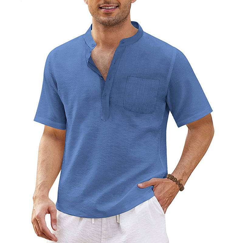 Breathable And Comfortable Cotton And Linen Stand-Up Collar Half-Lapel Short-Sleeved Shirt 2405000991