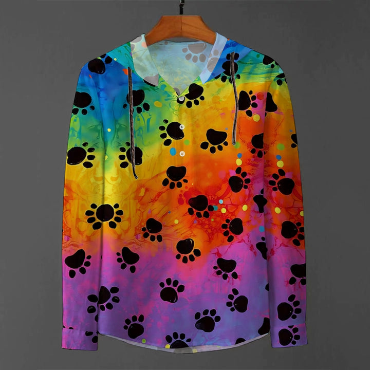 Colorful Textured Dog Paw Print Hooded Half-Open Long Sleeve Shirt 2408002716