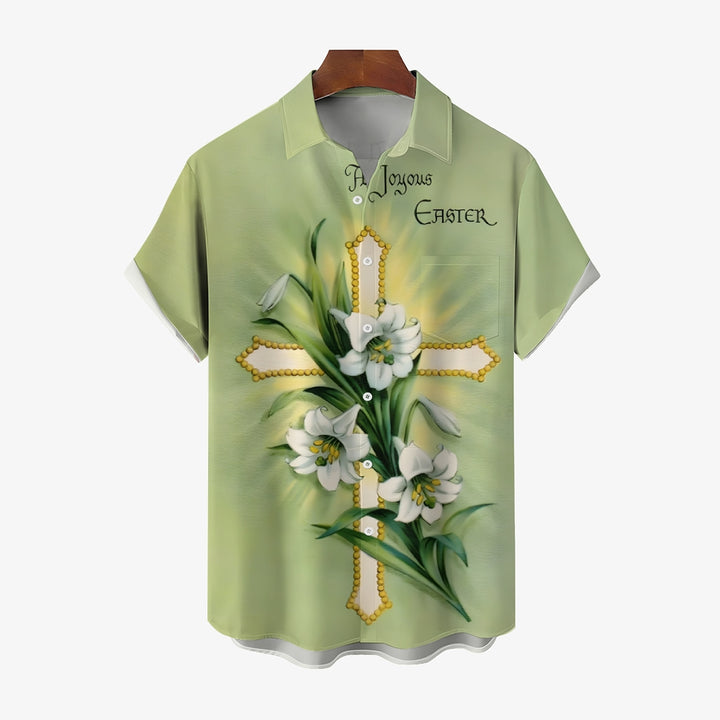 Easter Lily Cross Print Casual Short Sleeve Shirt 2412009965