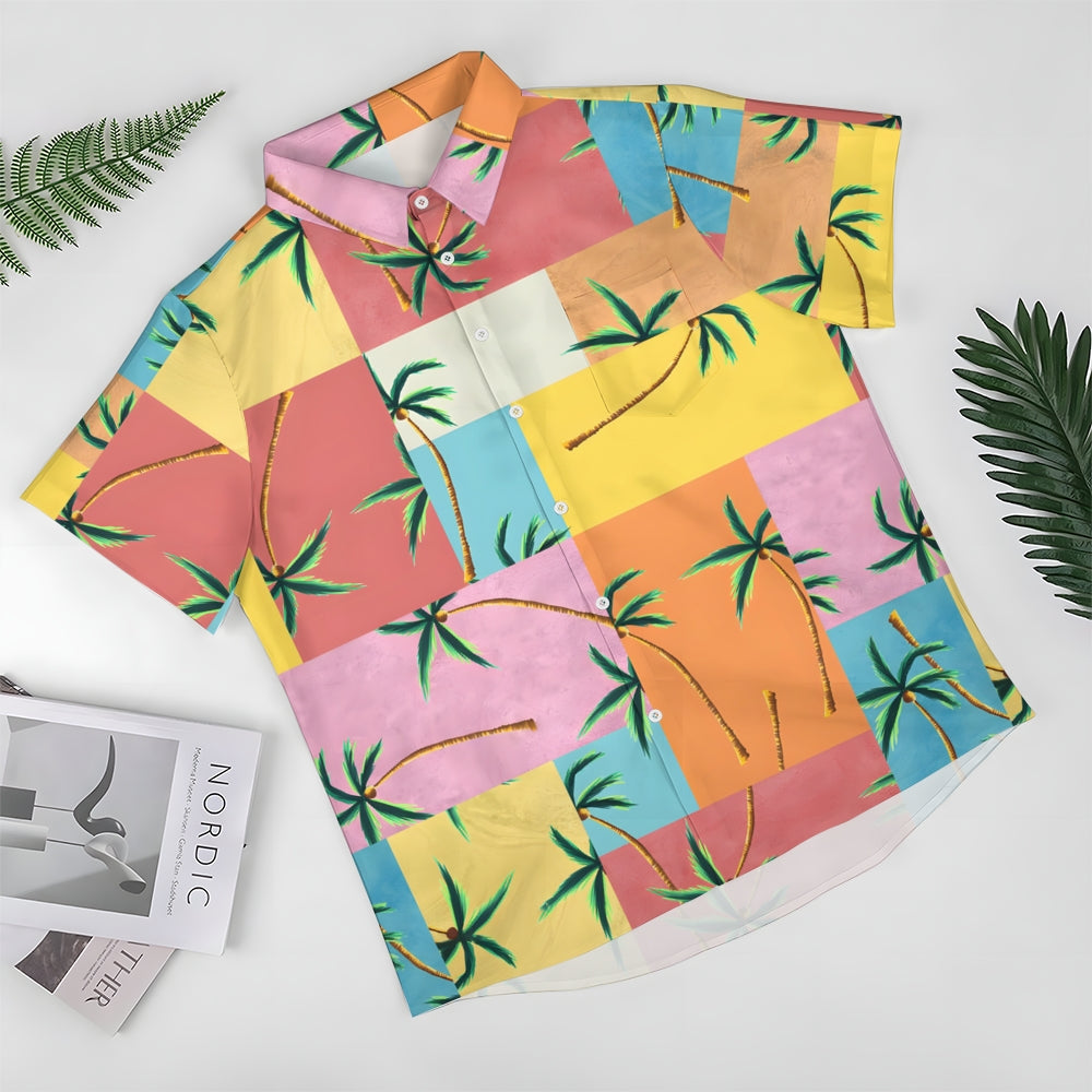 Geometric Colorful Mosaic Coconut Tree Short Sleeve Shirt 2410002372