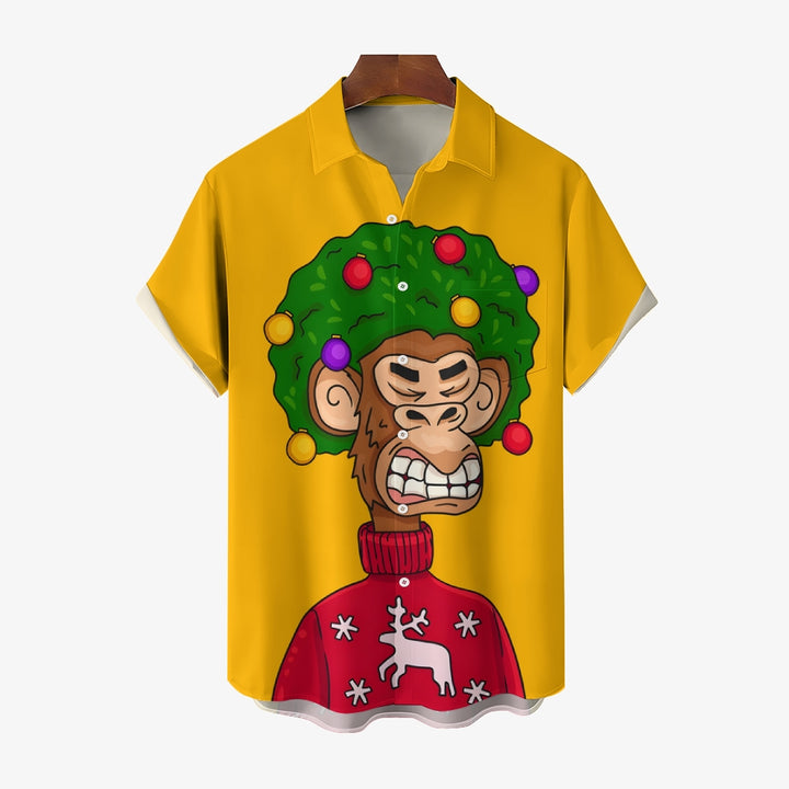 Christmas Monkey Print Chest Pocket Short Sleeve Shirt 2411006286