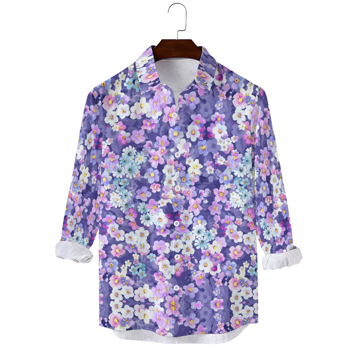 Men's Casual Small Purple Flowers Long Sleeve Shirt 2410004967