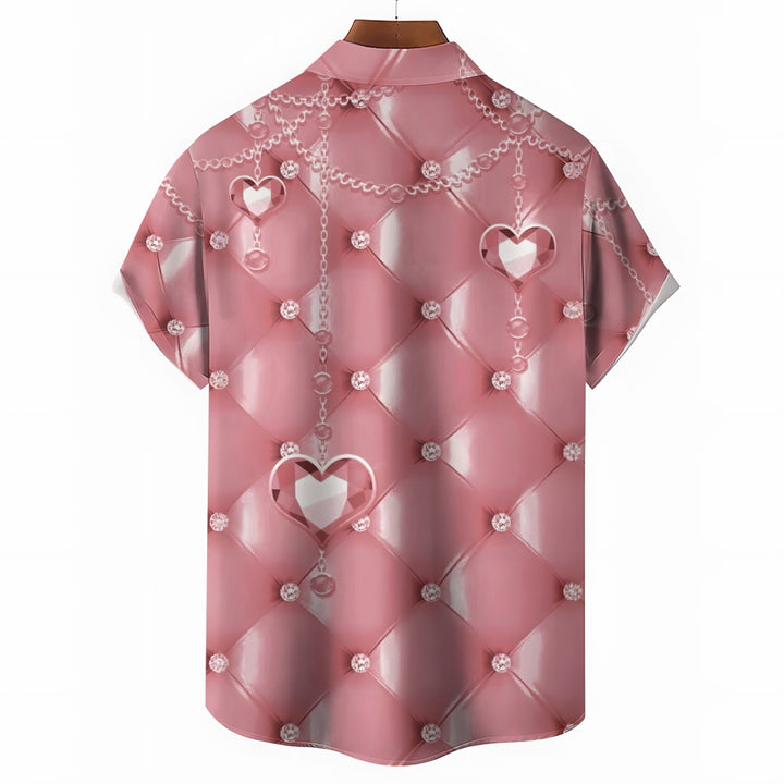 Men's Pink 3d Heart Decorative Print Short Sleeve Shirt 2412008507