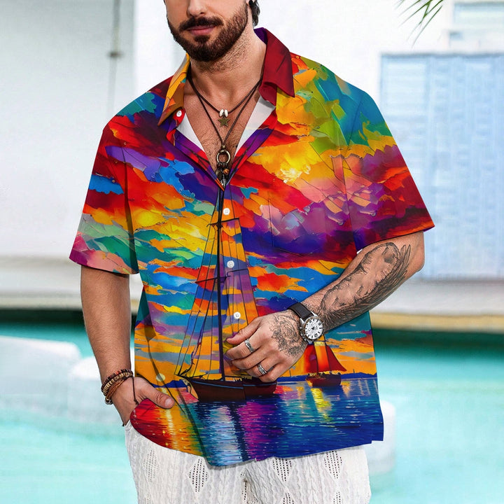 Colorful Sailboat Oil Painting Art Print Short Sleeve Shirt 2408007006