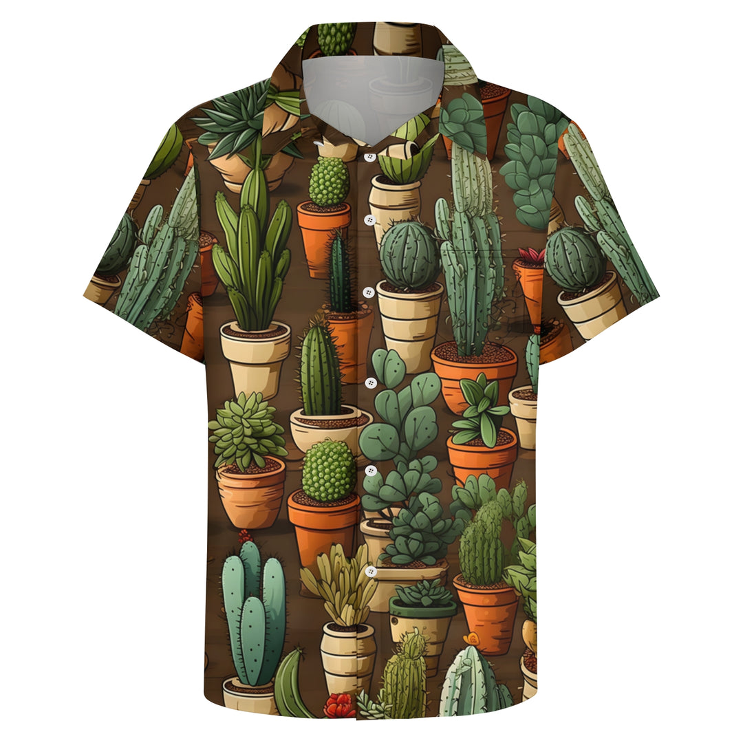 Men's Cactus Pot Print Casual Short Sleeve Shirt 2403000904