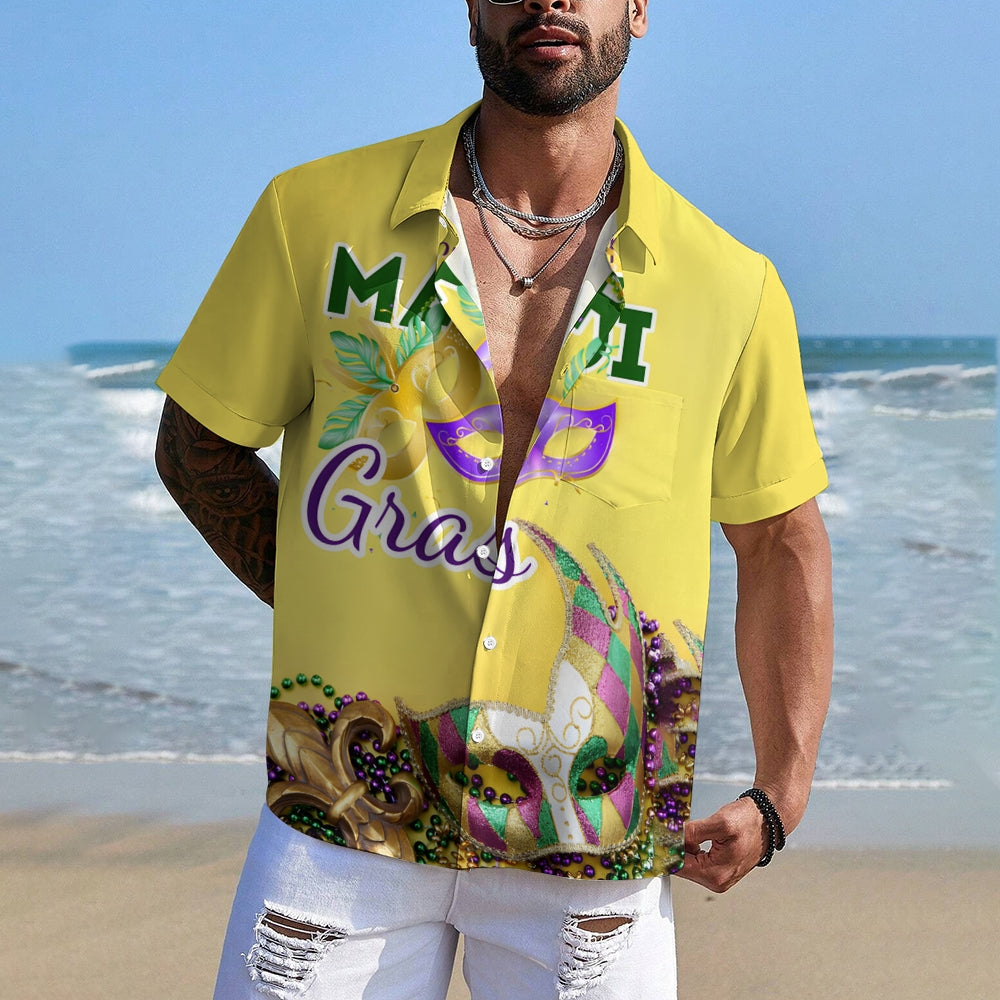 Mardi Gras Chest Pocket Short Sleeve Casual Shirt 2412000673