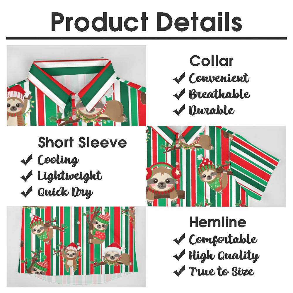 Christmas Striped Sloth Print Short Sleeve Shirt 2409010818