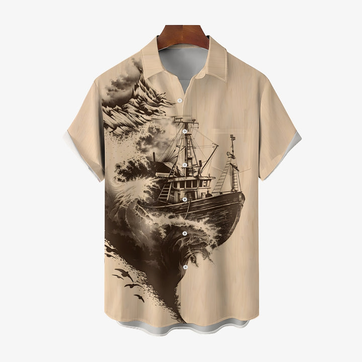 Sailing Wave Boat Print Casual Short Sleeve Shirt 2412005899