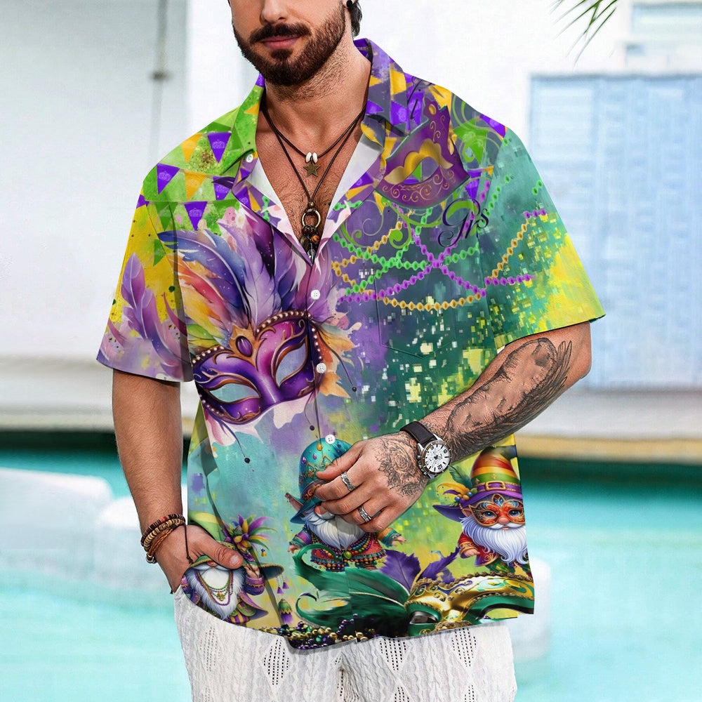 Mardi Gras Mask Dwarf Print Casual Short Sleeve Shirt 2412004173