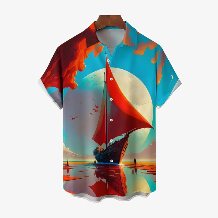 Sailboat Landscape Print Casual Short Sleeve Shirt 2405000464