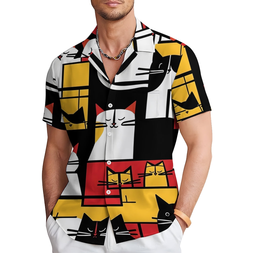 Geometric Cat Casual Short Sleeve Shirt 2409002775