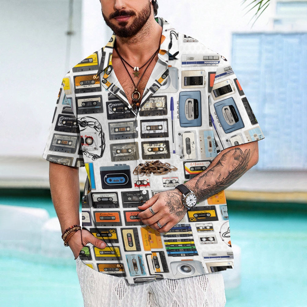 Men's music cassette print short sleeve shirt 2408005732