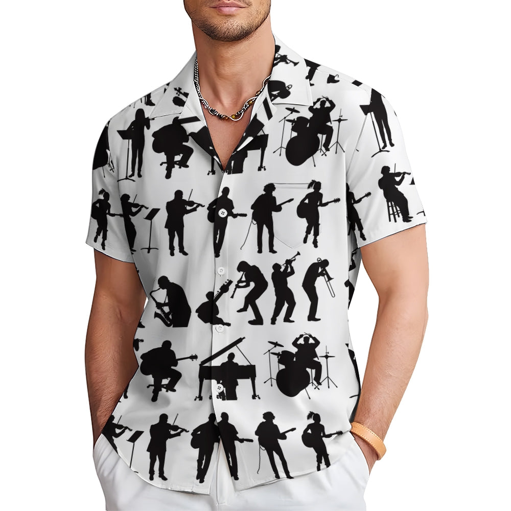 Musician Silhouette Print Casual Oversized Short-Sleeved Shirt 2407005184