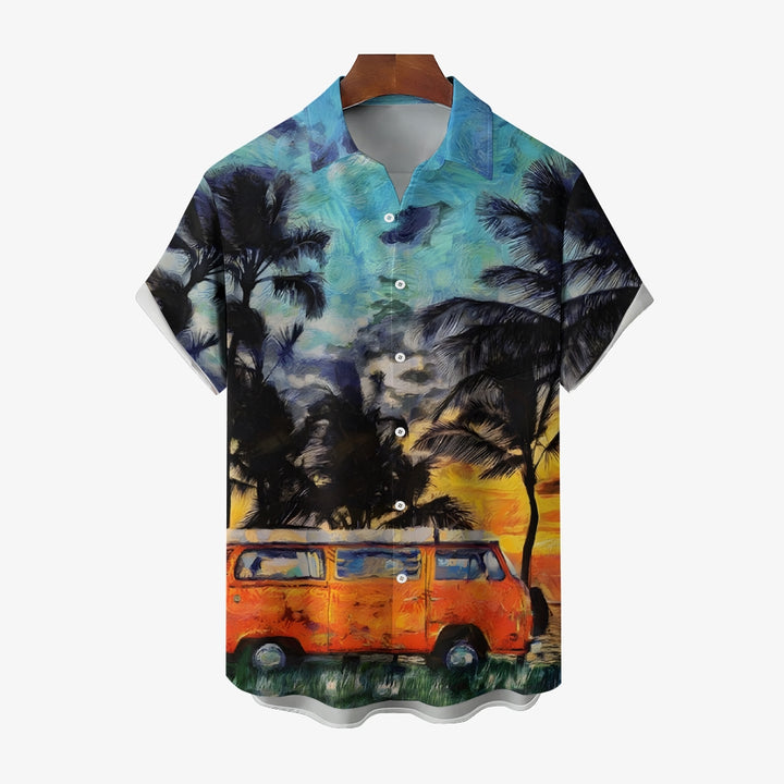 Coconut Tree And Bus Print Casual Short Sleeve Shirt 2412003116