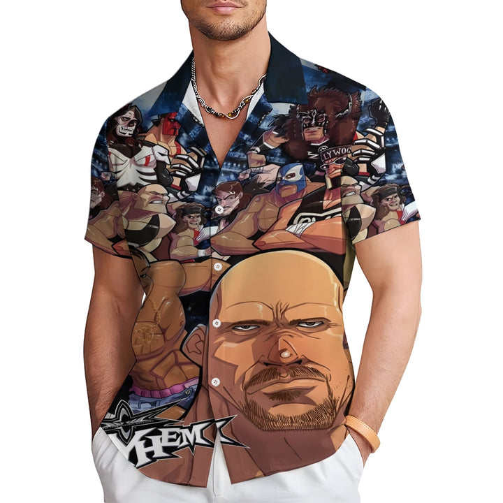 Men's Cartoon Wrestler Print Casual Short Sleeve Shirt 2409004553